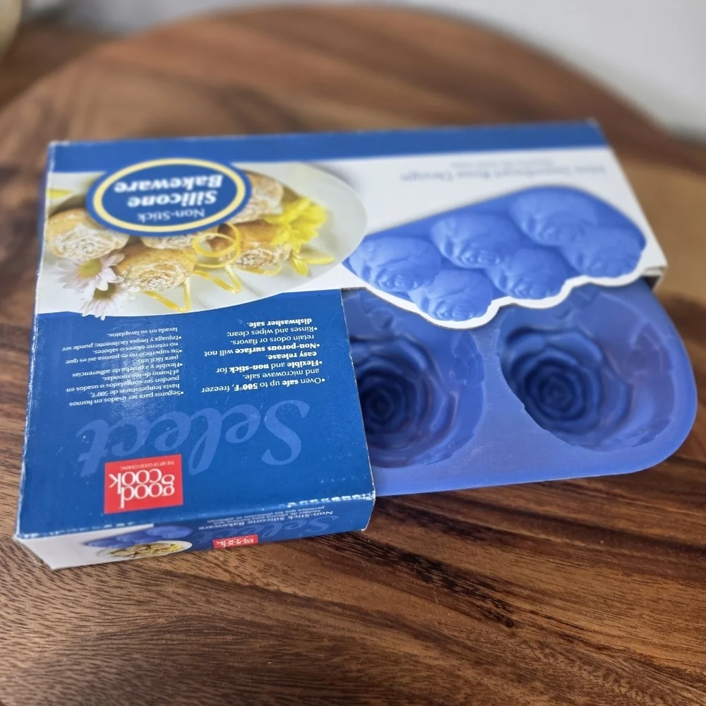 Good Cook 6 Cup Mini Rose Cupcake Pan Blue Silicone Rose Mold Bakeware